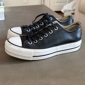 Black leather platform Converse low tops